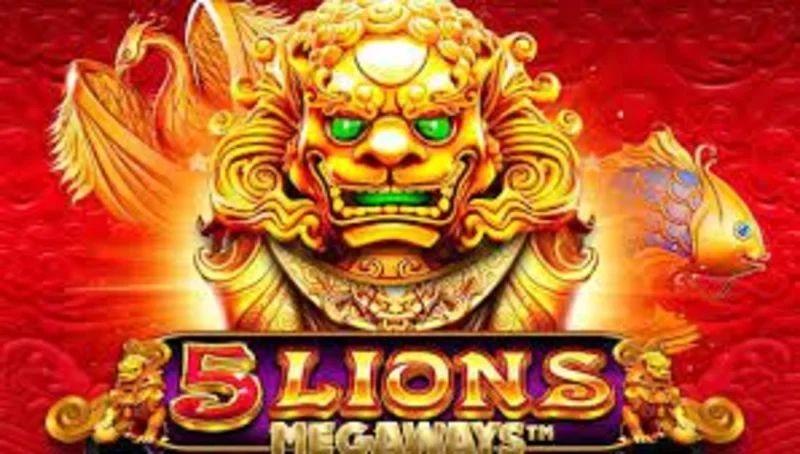 Giao diện chính của 5 Lions Megaways với các biểu tượng châu Á rực rỡ.